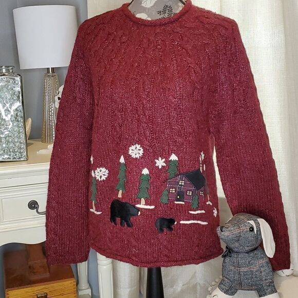 Vintage PBJ SPORT Wine Woven Bear Winter Scene Sweater, Sz Small, GORGEOUS! - Picture 1 of 9